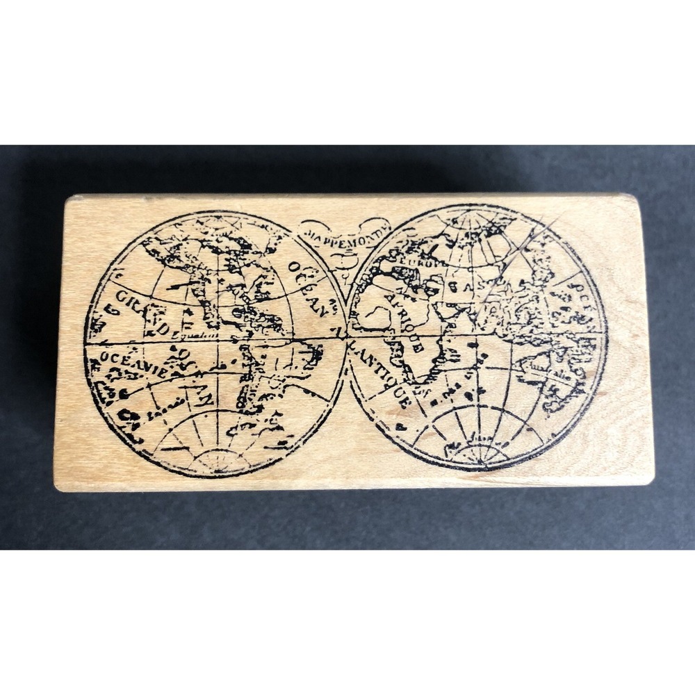 Magenta Rubber Stamp World Map Globe Travel Wood Mounted